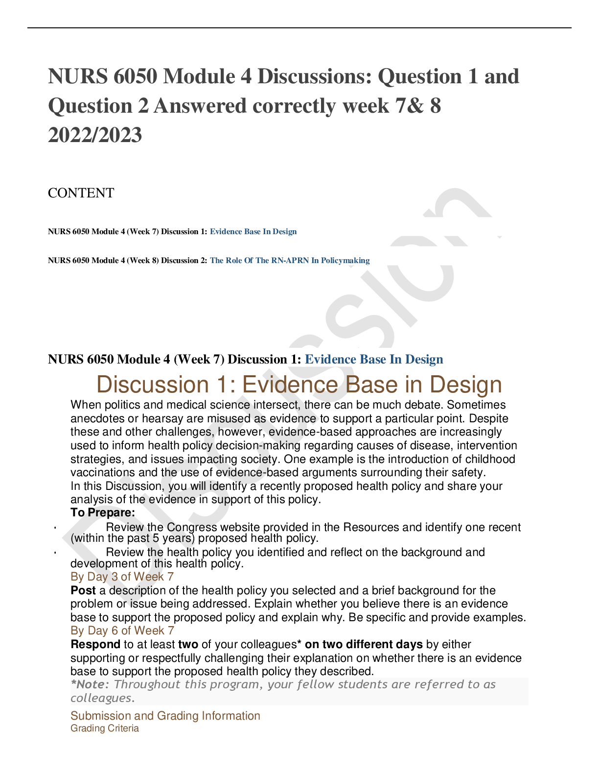 Preview of NURS 6050 Module 4 Discussions: Question 1 and Question 2 Answered correctly week 7& 8 202